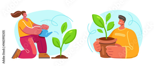Young woman waters a young sprouting tree. Farmer or gardener holds seedling in pot. Caring for nature and ecology