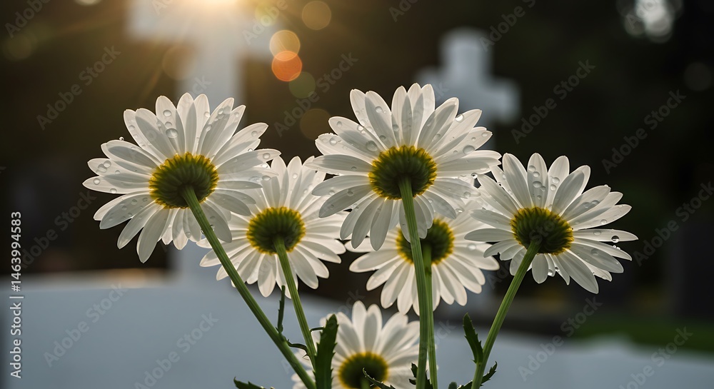 Fototapeta premium Daisies with water droplets lit by sunlight, from a low angle view.