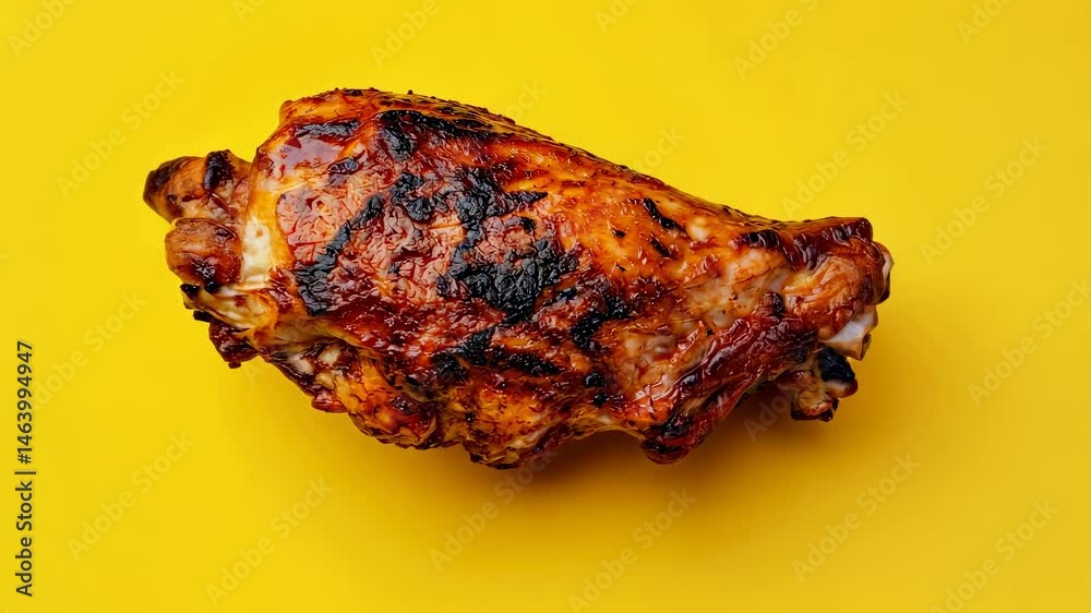 Close-up grilled chicken drumstick on solid yellow background.
