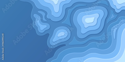 Topographic papercut - layered waves gradient blue background. Abstract relief map with contour lines elevation terrain. Geographic height data surface landscape visualization natural terrain scheme.