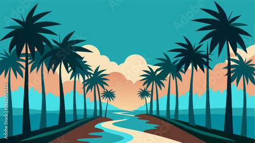 The riverbank is lined with towering palm trees their long narrow trunks reaching towards the sky.