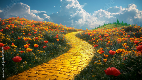 Yellow brick road leading through poppy field to green emerald city in the distance. Wizard of Oz concept