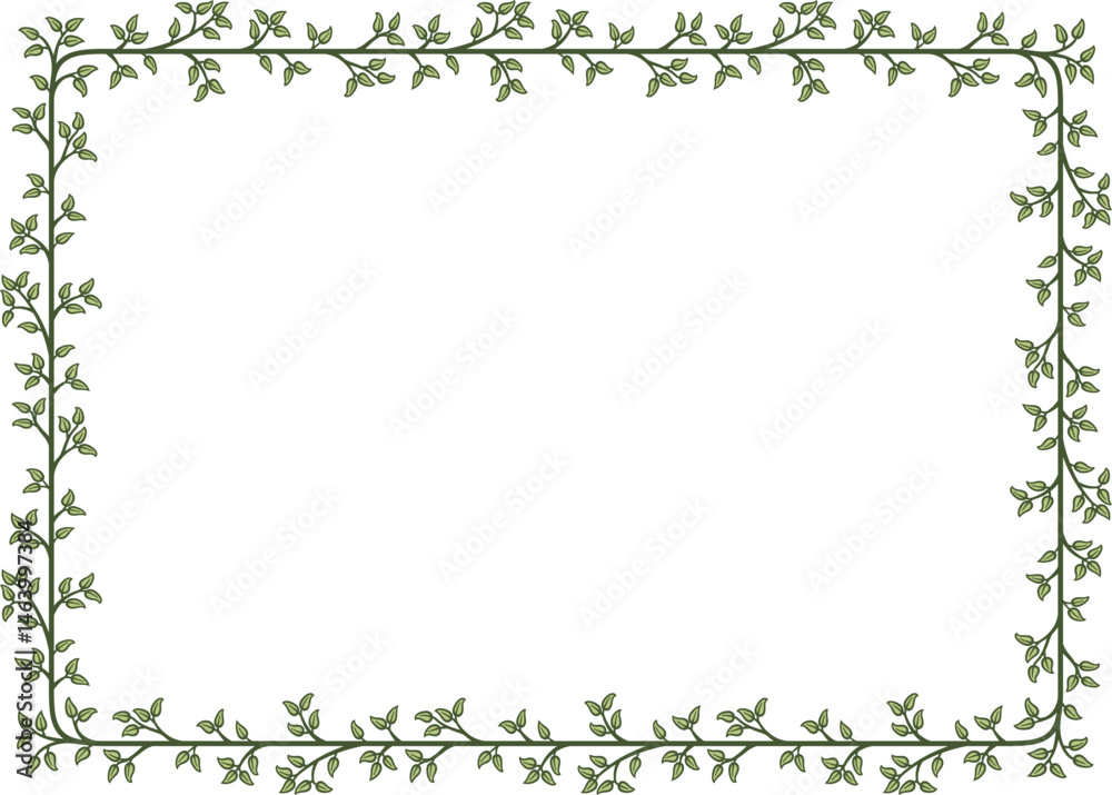 Rectangular border with a branch of green leaves. Illustration made with leaves on a white background creating a rectangular border.