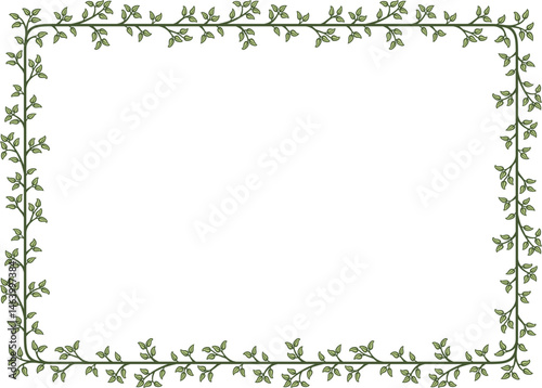 Rectangular border with a branch of green leaves. Illustration made with leaves on a white background creating a rectangular border.