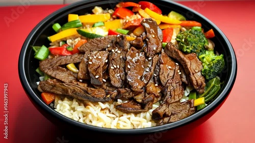 Bowl with grilled beef, vegetables and rice on red background. 