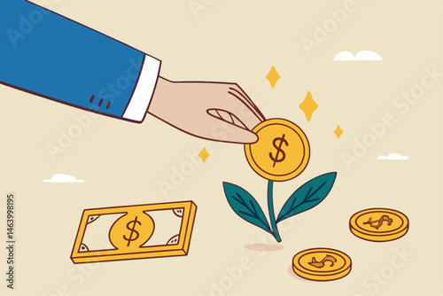 Investment Growth And Financial Success Concept Hand Planting Money Tree Coin Flower