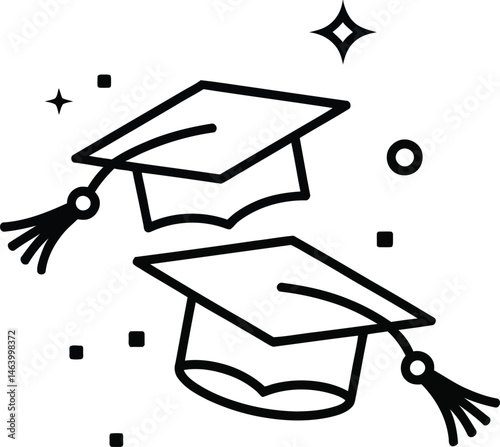 Graduation Caps Icon: A minimalist illustration of two graduation caps, a symbol of academic achievement, depicted with simple lines and a celebratory sparkle, ready to convey the essence of success.