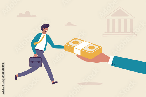 Businessman Running For Money From Hand With Bank In Background Vector Illustration
