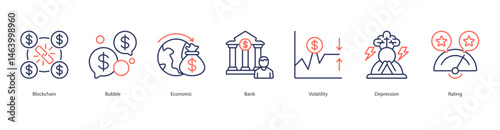 Economic Crisis icon sheet web banner vector illustration blockchain, bubble, economic, bank, volatility, depression, rating
