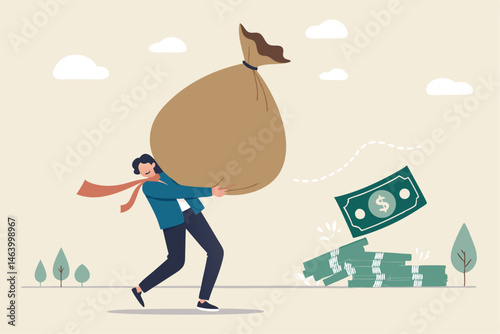 Burden Of Wealth Cartoon Illustration Of Heavy Money Bag And Banknotes