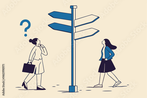 Two Businesswomen At Crossroads Decision Making Ambiguity Career Path Choice