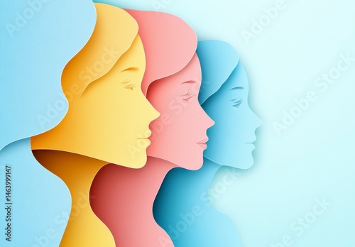 Three women are shown in a row, each with a different colored head. The image is a representation of the idea that women are diverse and unique, and that their differences should be celebrated