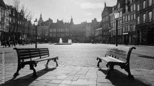 Empty square benches, sunlit city, cobblestones, background buildings, travel