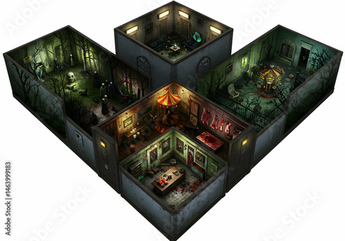Isometric TopDown View of a Haunted House Interior transparent background