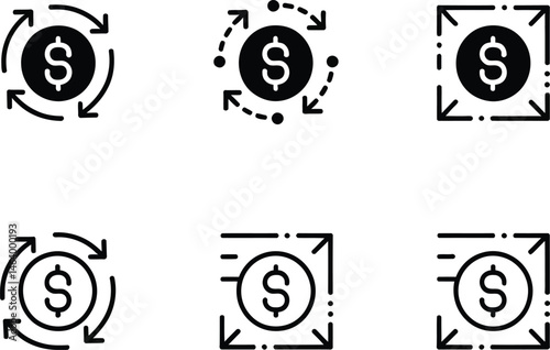 Money Icons and Symbols: A collection of clean and modern icons representing the circulation, management, and exchange of money.