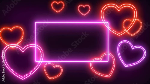 Animated neon hearts float around a glowing rectangular frame on a dark background, creating a vibrant romantic atmosphere ideal for love-themed content or social media stories.