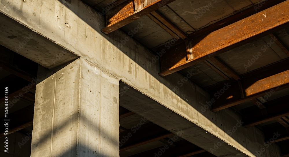 Concrete support beam with aged iron frame in structural construction. Concrete support beam with aged iron frame in structural construction.