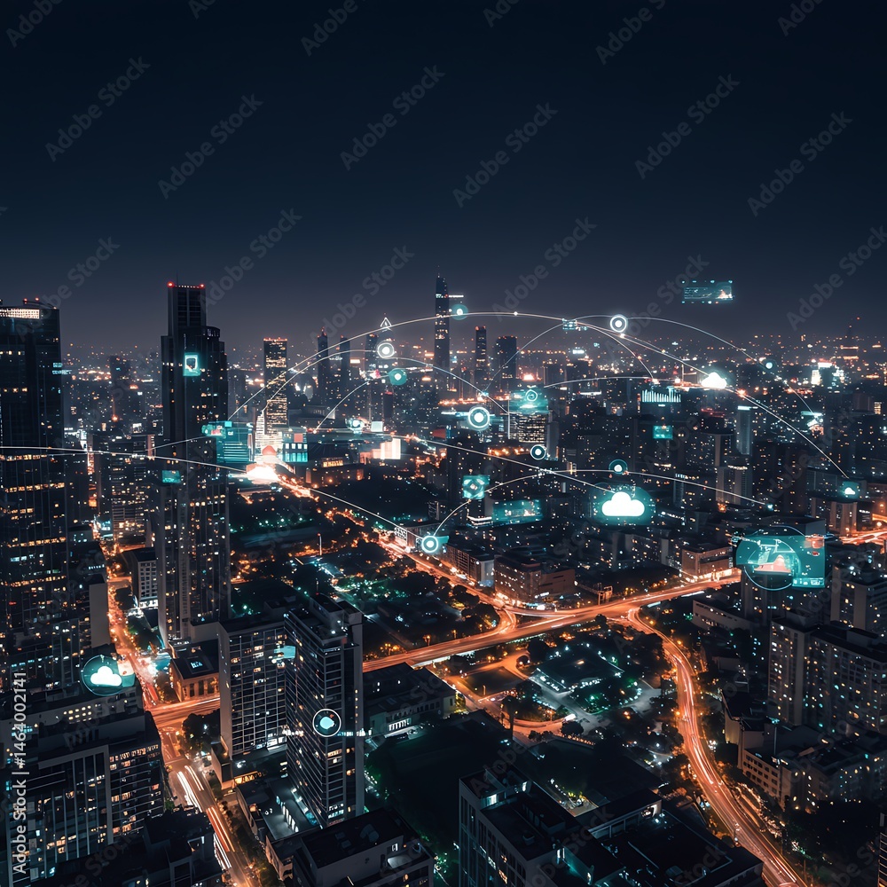Fototapeta premium Night City's Digital Embrace: A Connected Metropolis