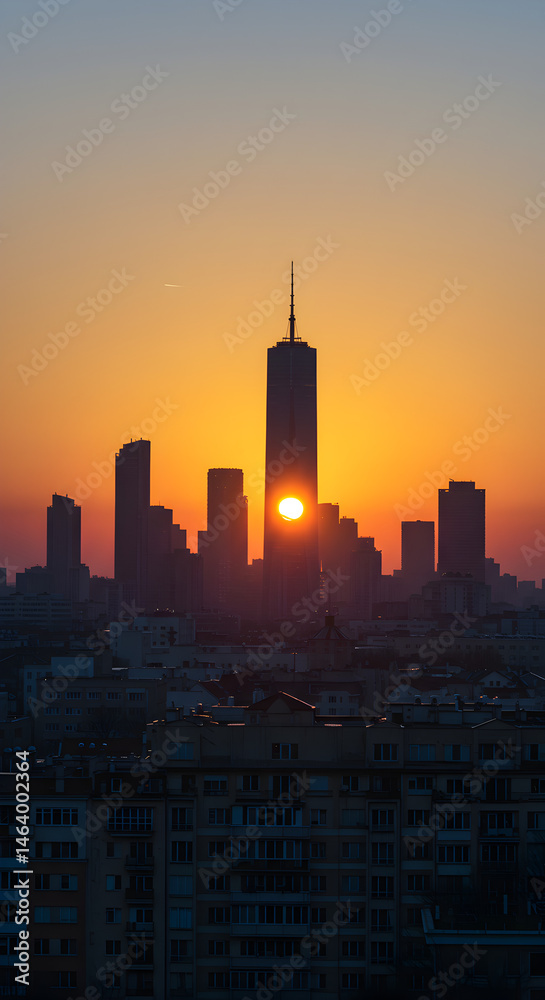 Obraz premium Photo Cityscape Sunset Golden Hour Illuminates Urban Skyline