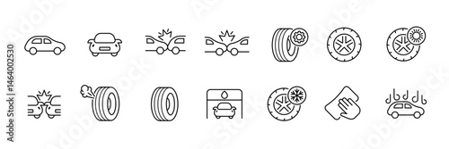 Comprehensive car maintenance and safety icon set in outline style for automotive design projects