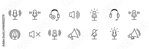 Minimalist audio and podcast icons set: outline style for digital projects