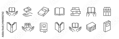 Library and reading icons set: 15 linear designs of books and book-related symbols