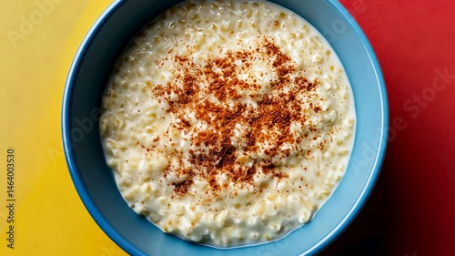 Creamy oatmeal porridge with cinnamon in blue bowl on yellow-red background.