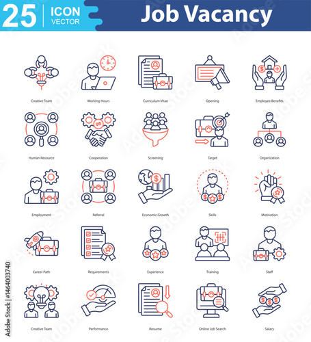 Job Vacancy icon sheet illustration vector creative team, working hours, curriculum vitae, opening, employee benefits, human resource, cooperation, screening, target, organization, employment