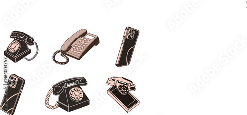 Vector Illustration Set of Vintage and Modern Telephones in Black