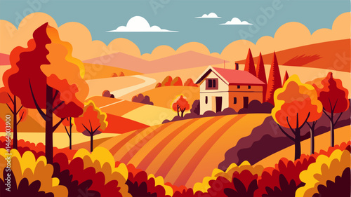 The vibrant colors of autumn blanket the vineyard with deep red orange and yellow foliage surrounding the perfectly lined grapevines. A small stone cottage sits nestled ast the