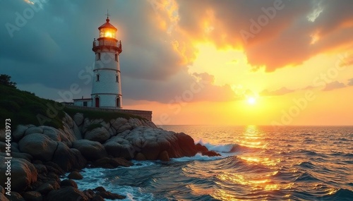 Wallpaper Mural Golden sun rays illuminate a coastal beacon tower , light house, rays, coastal Torontodigital.ca