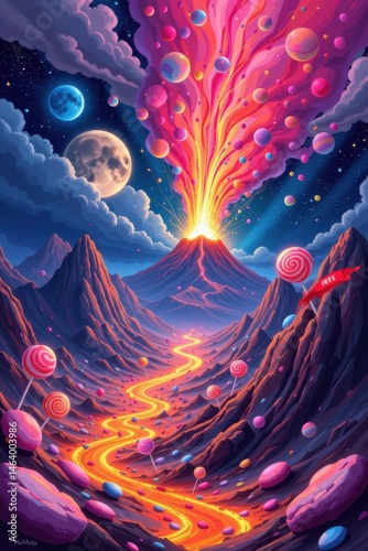 digital painting of a candy planet where volcanoes erupt with lollipops and bubblegum lava.