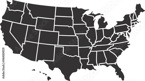 Black Silhouette Vector Map of the United States with State Borders