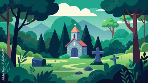 Surrounded by lush forests the secluded churchyard offers a sense of serenity and connection to nature.