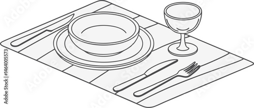Vector Illustration of Table Setting with Plate Bowl Fork Knife and Glass