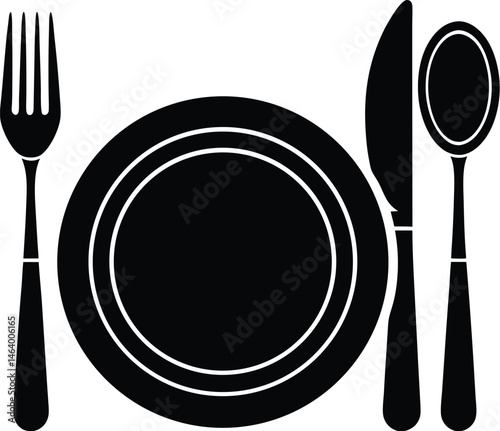 Black Silhouette Vector Icon of Plate with Fork Knife and Spoon