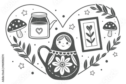 68 Monochrome illustration, Russian nesting doll, jam jar, teapot, vase with flowers, framed botanical art, heart shape, mushrooms, leaves, stars, cozy kitchen items, Scandinavian folk art style, blac