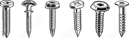 Vector Illustration Set of Various Screws and Bolts in Black and White