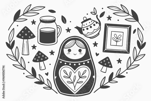 68 Monochrome illustration, Russian nesting doll, jam jar, teapot, vase with flowers, framed botanical art, heart shape, mushrooms, leaves, stars, cozy kitchen items, Scandinavian folk art style, blac