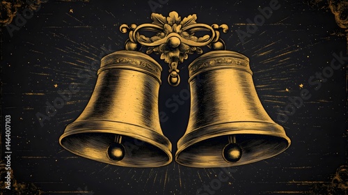 Two golden bells are shown in a black background