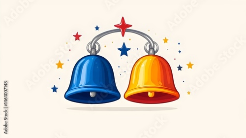 Two bells are hanging from a chain, one blue and one orange