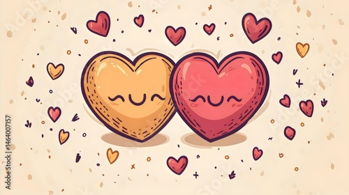 Two cartoon hearts with smiling faces and surrounded by many hearts