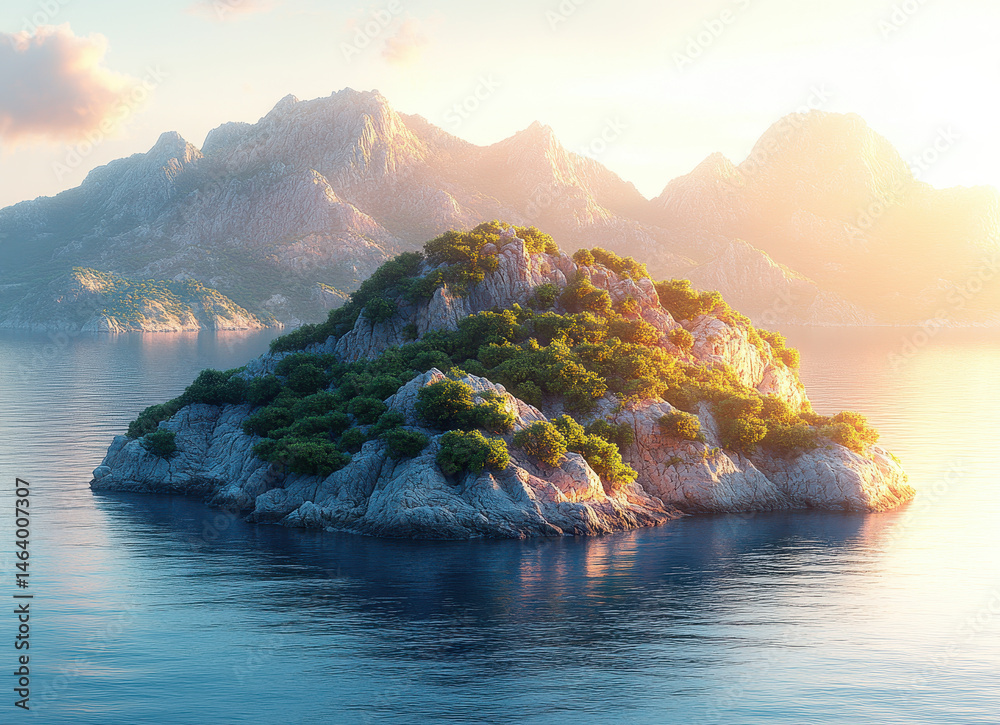 Serene Island with Lush Greenery and Rocky Terrain Surrounded by Tranquil Ocean Waters at Sunrise