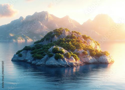 Obraz na płótnie Serene Island with Lush Greenery and Rocky Terrain Surrounded by Tranquil Ocean Waters at Sunrise w salonie