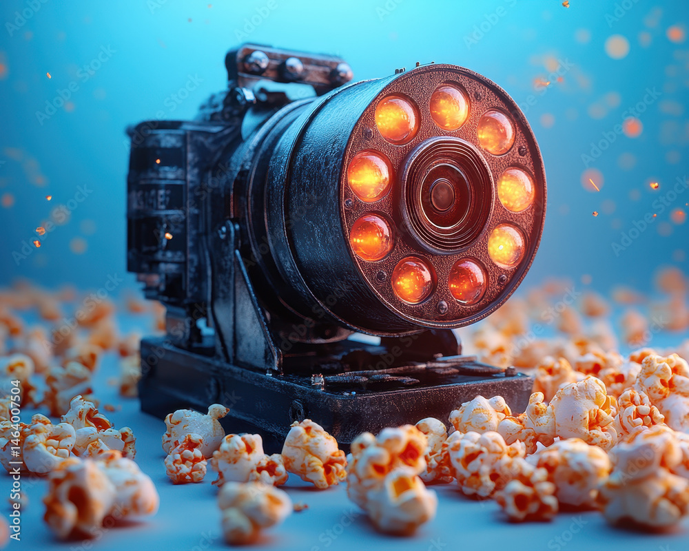 Vintage Film Projector Surrounded by Popcorn with Glowing Lens in Artistic Cinematic Scene