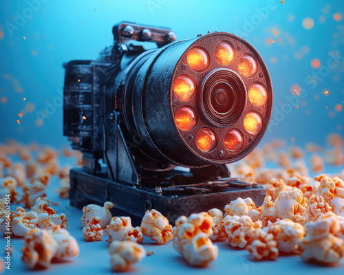 Obraz na płótnie Vintage Film Projector Surrounded by Popcorn with Glowing Lens in Artistic Cinematic Scene w salonie
