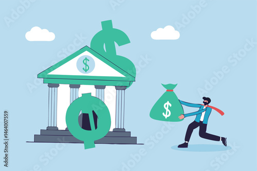 Man Stealing A Bag Of Money From Bank Building Illustration Concept