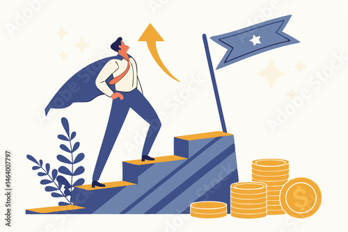 Businessman Climbing Stairs To Success With Money And Flag Illustration