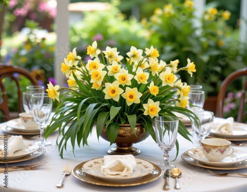 an elegant garden table setting with daffodils centerpiece, surrounded by antique glassware and fine china.