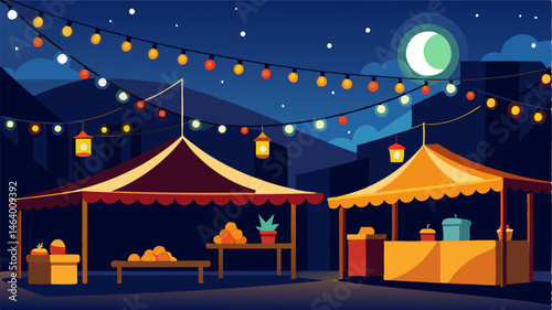 Strings of bright lights illuminate the night market as farmers and artisans sell their goods under the stars creating a magical atmosphere.